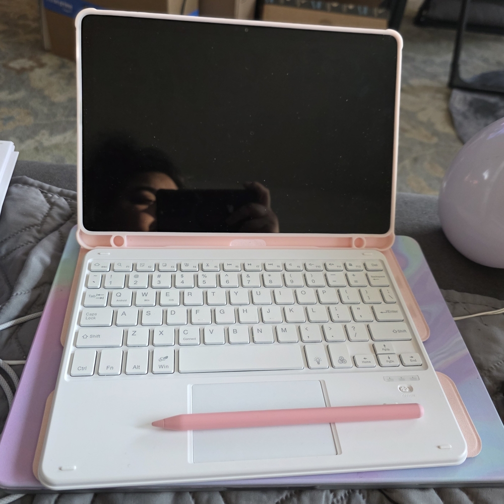 Samsung Pink and White Tablet with Keyboard